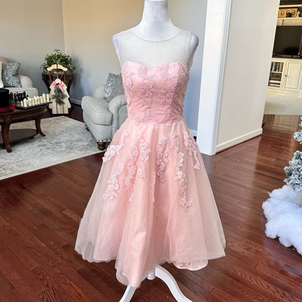 Vintage Steppin Out Baby Pink Embroidered Tulle Sheer Cocktail Dress Size Small - Picture 10 of 11